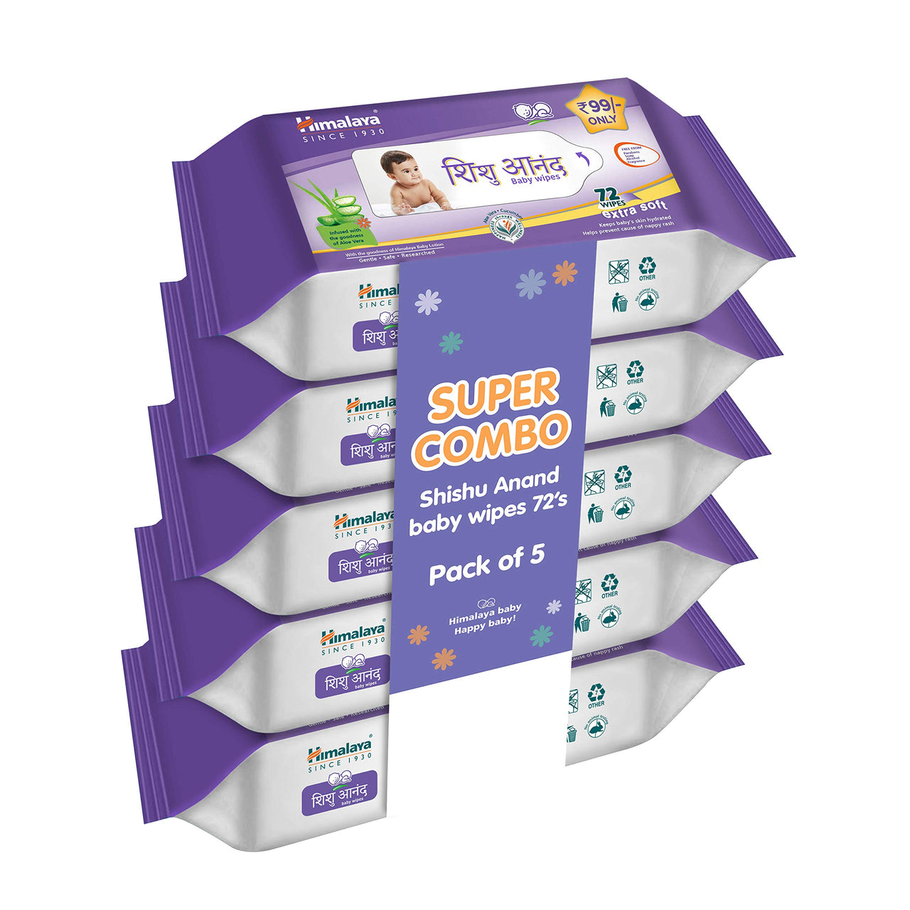 Shishu Anand Baby Wipes with Aloe Vera & Licorice, 72 Wipes (Pack of 5) | pH Balanced | Gentle on Skin | Clinically Tested