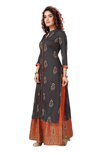 madhuram textiles Women's  Straight and 3/4th Sleeves Fully Stitched Plain Printed Slab Rayon Kurtis and Knee Length with Round Neck Long Kurti with Skirt Set
