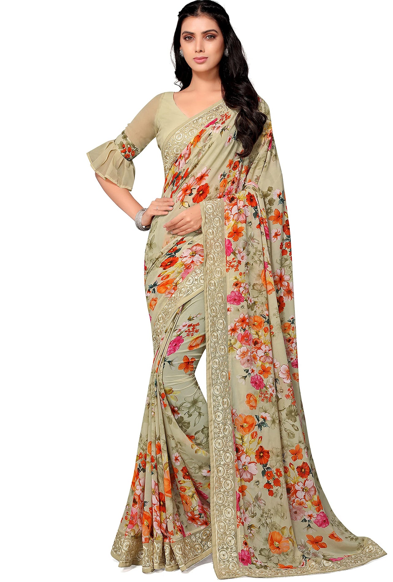 Shangrila Designer Digital Pastel Prints Weightless Georgette Saree With Blouse Piece