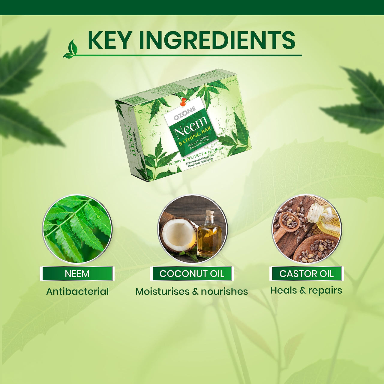 Ozone Neem Bathing Bar | Anti-Bacterial Soap for Acne & Rashes | Enriched with Neem, Coconut Oil & Castor Oil | Paraben-Free | 125g (Pack of 6)