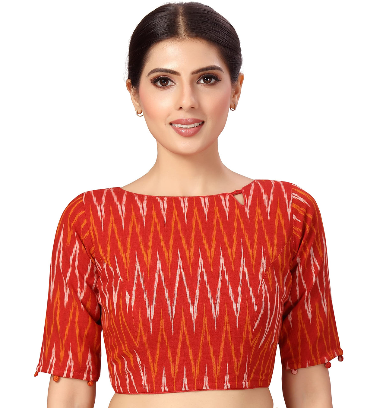 X3 Women's  Red Ikkat Pure Cotton Stitched Saree Blouse with Elbow Length Sleeves