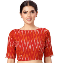 X3 Women's  Red Ikkat Pure Cotton Stitched Saree Blouse with Elbow Length Sleeves