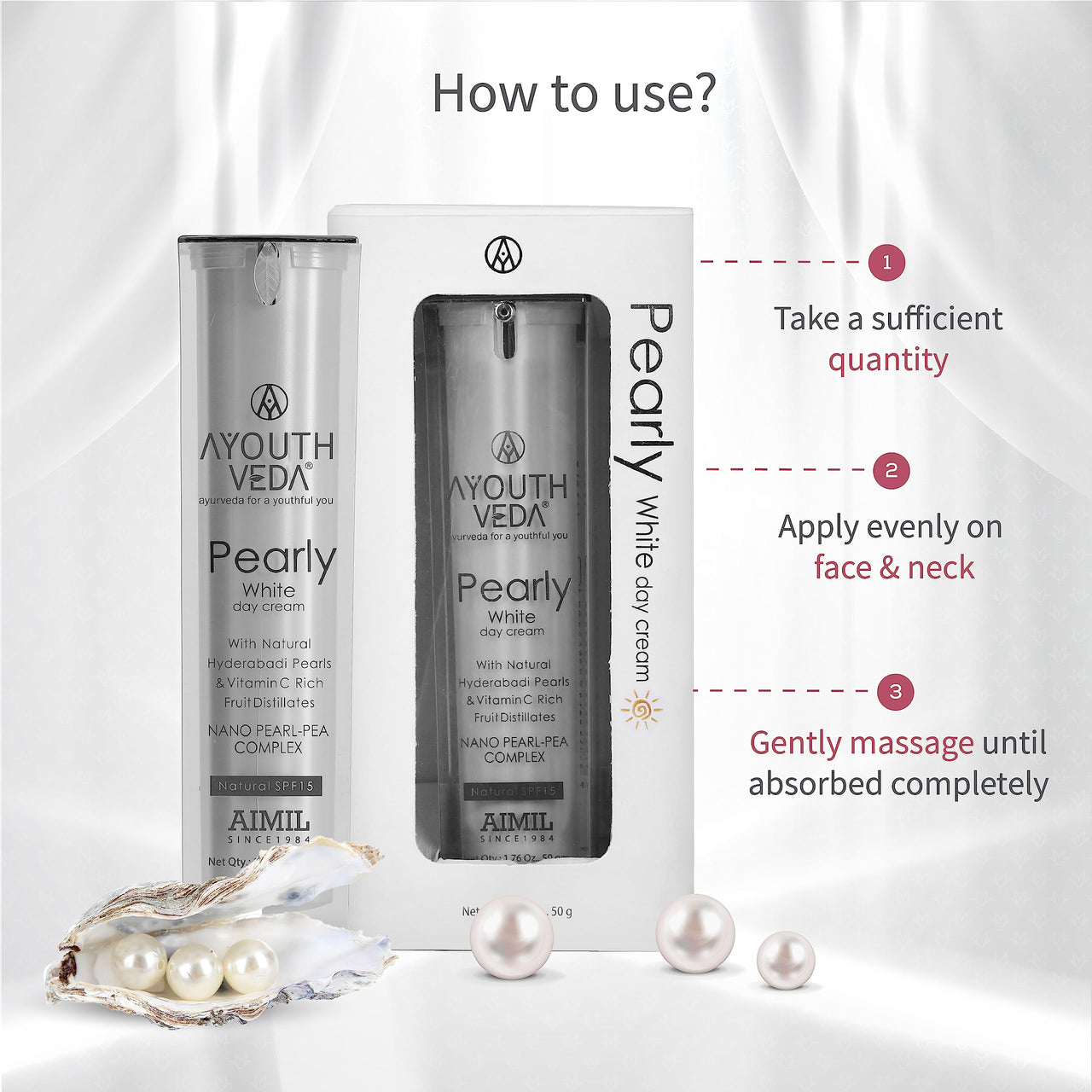 Ayouthveda Pearly White Day Cream With Natural SPF 15 | Nourishes Skin With Pearl, Pea- Extract & Milk Cream | For A Pearly Lusture, Hydrate & Radiant Skin | Suits Normal & Oily Skin (Pack Of 1-50Gm)