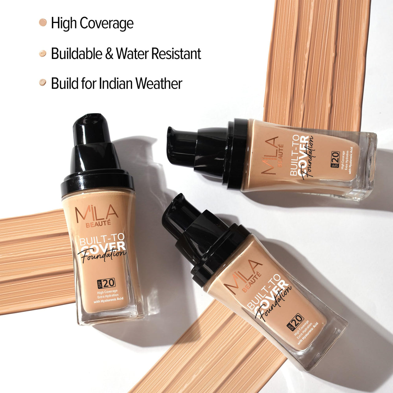 Mila Beauté Built to Cover Liquid Foundation I Medium to Buildable Coverage I Matte Finish I Lightweight I SPF 20 I Super Hydrating with Hyaluronic Acid (D-1-Caramel, 30ml)