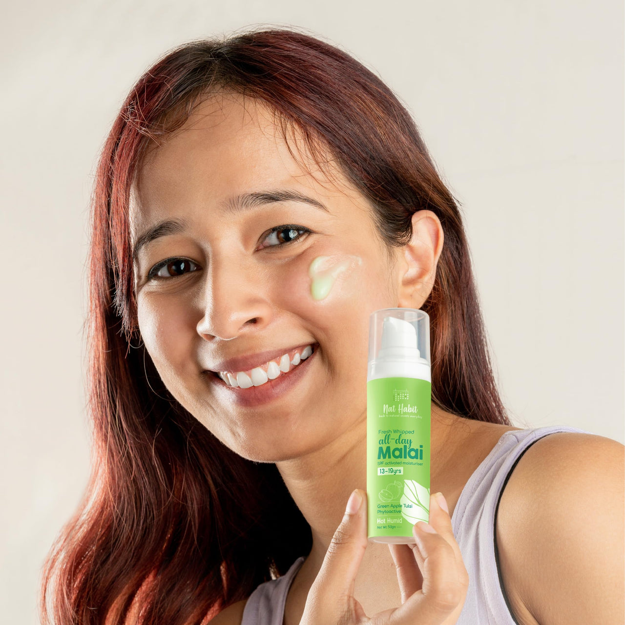 Nat Habit All Day Face Cream, Fresh Whipped Green Apple Face Malai Tulsi PhytoActive - For Hot and Humid Weather, Moisturization & Tan Protection (13 to 19 years, 30g)