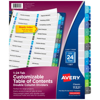 Avery Double Column 24 Tab Dividers for 3 Ring Binders, Customizable Table of Contents, Multicolor Tabs, 1 Set (11321)