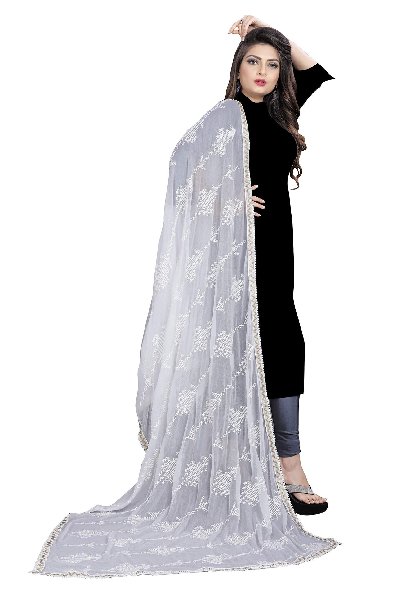 AKSHAR LLC Women's  Designer Pure Chiffon Dupatta with Pure Cotton Thread Embroidery Work