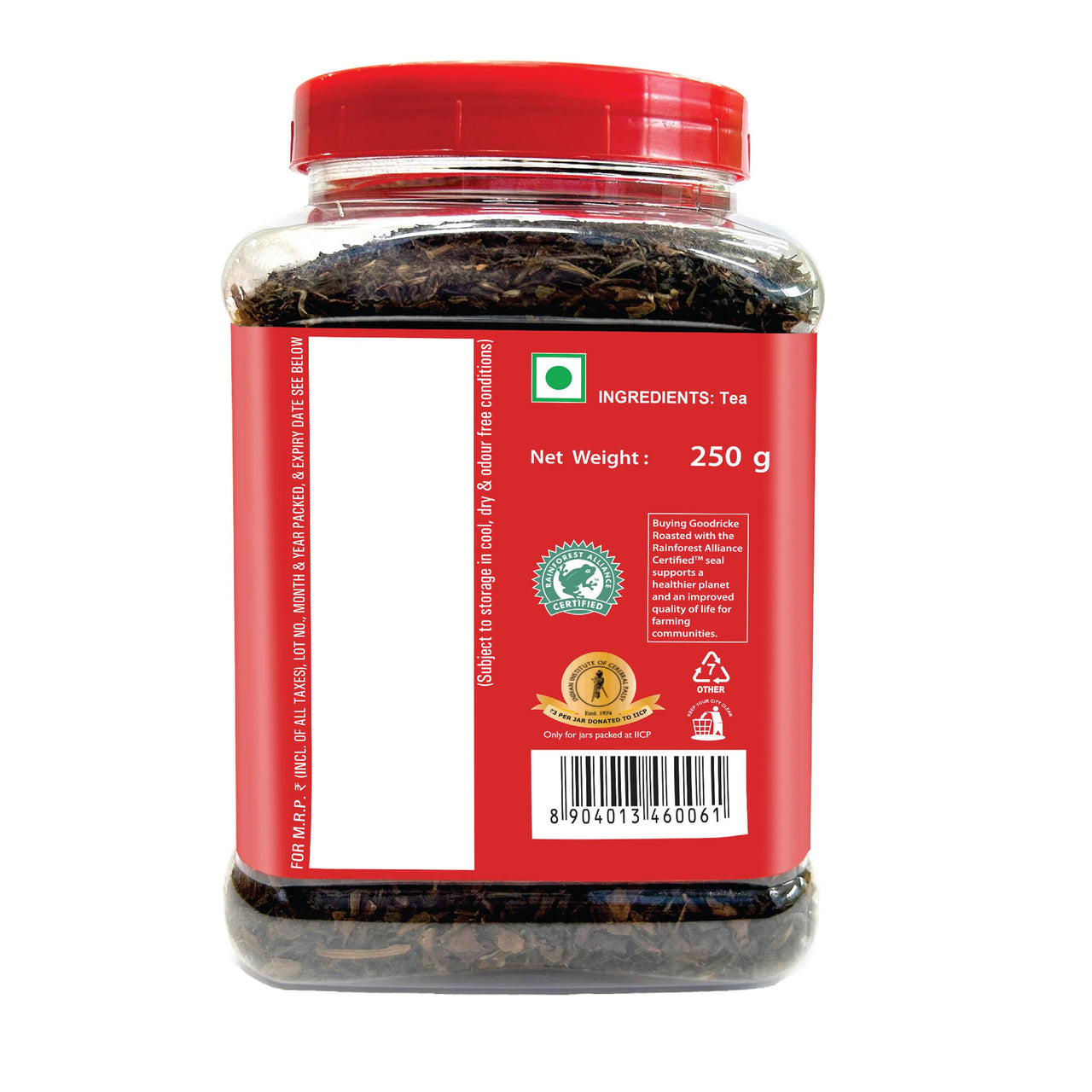 GOODRICKE Roasted Organic Darjeeling Tea Jar- 250gm | Flavoury Golden Orange Pekoe | 100% Pure & Natural Darjeeling tea| Premium Loose Leaves Black Tea | Rich Aroma and Long Lasting AfterTaste