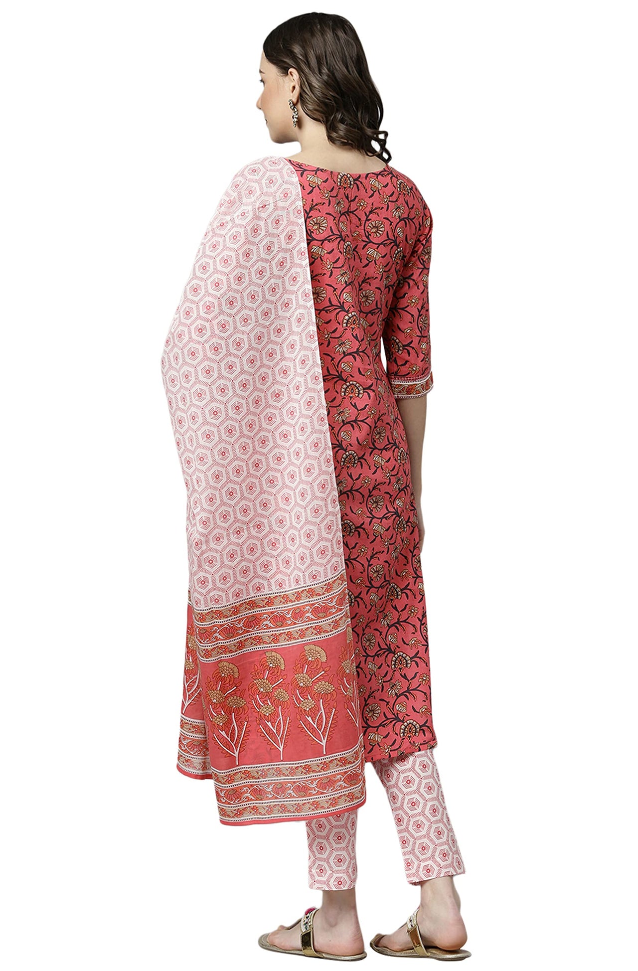 Janasya Women's  Pink Cotton Kurta Set with Pant and Dupatta