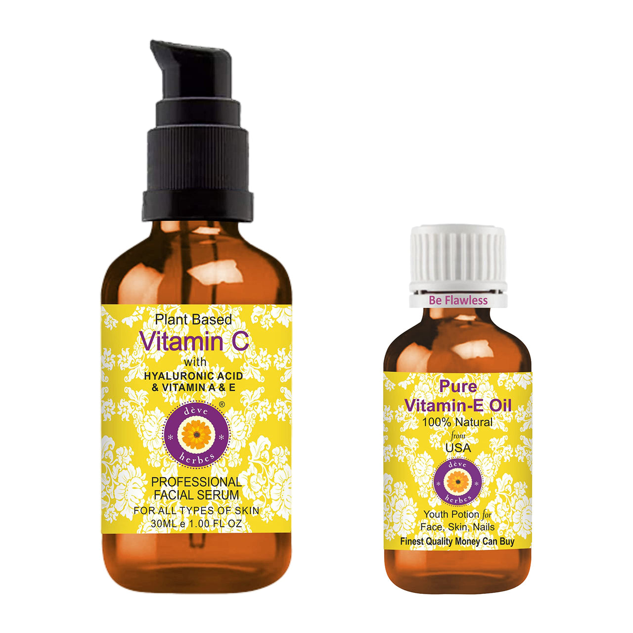Deve Herbes Plant Based Vitamin C Face Serum with Hyaluronic Acid, Vitamin A & E for Personal Care 30ml with Free Pure Vitamin E Oil 10ml