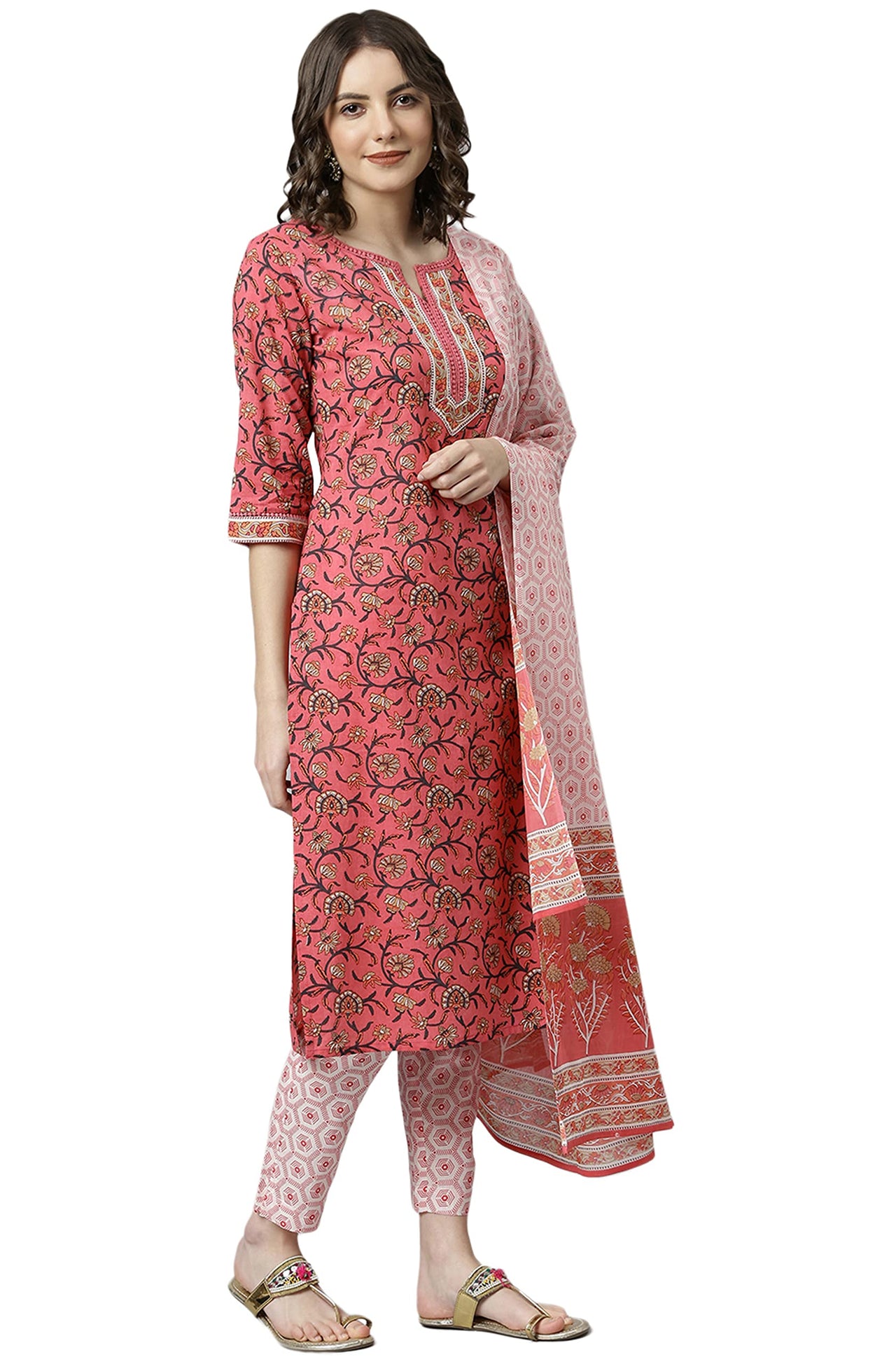 Janasya Women's  Pink Cotton Kurta Set with Pant and Dupatta