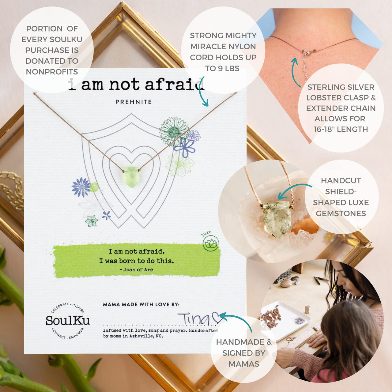 SoulKu Empowering Necklace, Empowering Jewelry With Healing Crystal, Inspirational Necklace For Strong Women, Mom & Sister, 16" Cord with 2" Sterling Silver Extender (Prehnite) Prehnite