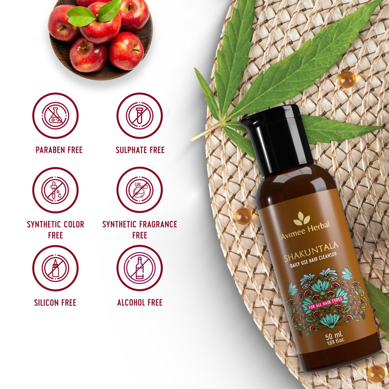 Avimee Herbal Shakuntala Daily Use Hair Cleanser | For Silky Hair | With Aloe, Apple Cider, Rice & Keratin Protein | Sulphate & Paraben Free Shampoo For Men & Women | 50 ml