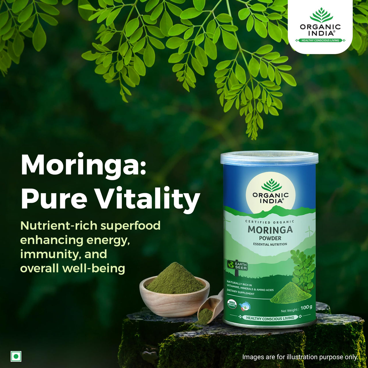 A TATA Product - Organic India Moringa Powder - 100g, Essential Nutrition Superfood, Helps Naturally Boost Energy Levels, Improves Stamina & Vitality, Rich In Vitamins & Minerals