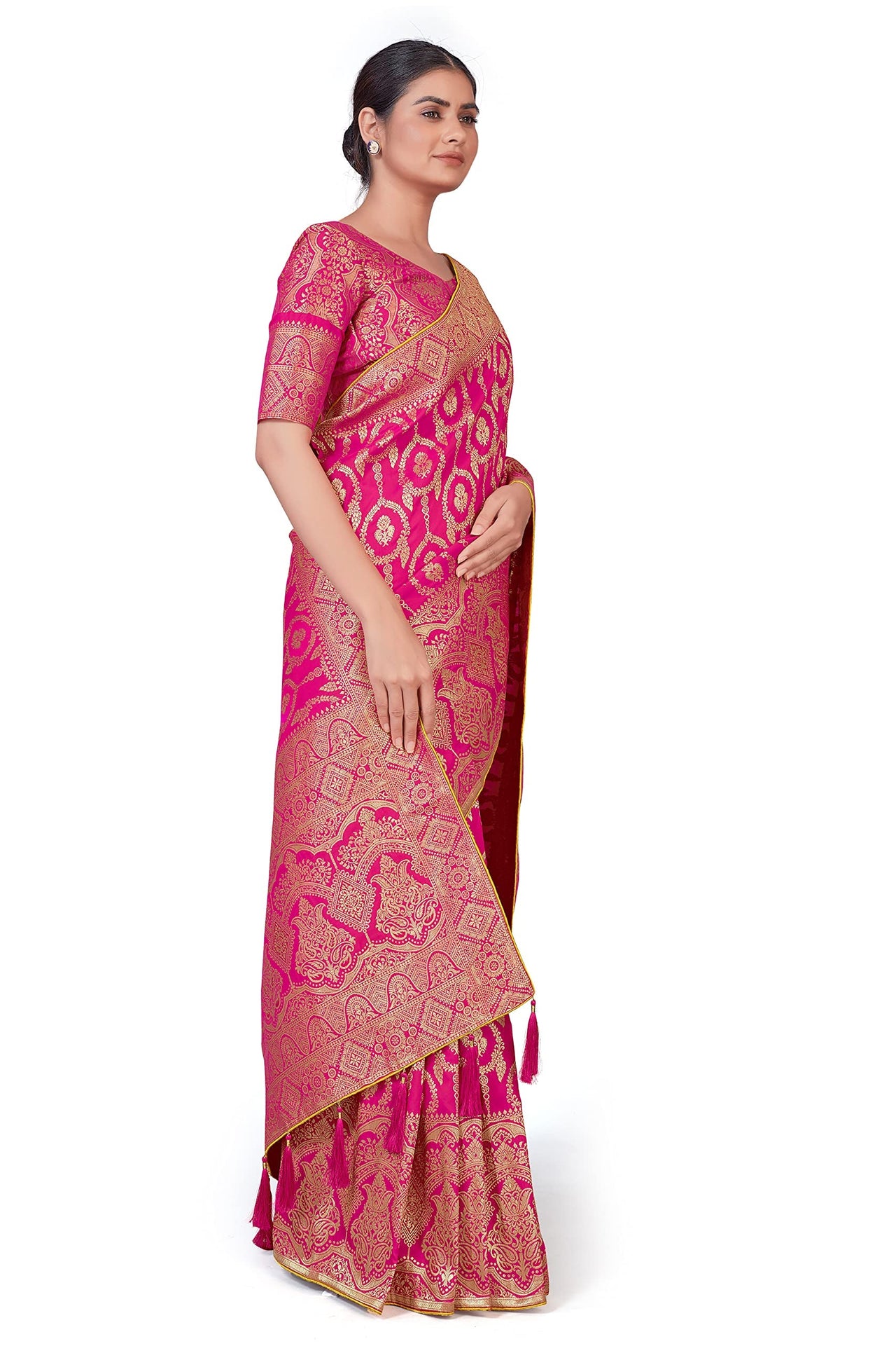 Monjolika Fashion Women's  Banarasi Silk Peach Color Golden Zari Woven Saree With Separate Embellished And Unsttiched Blouse Piece