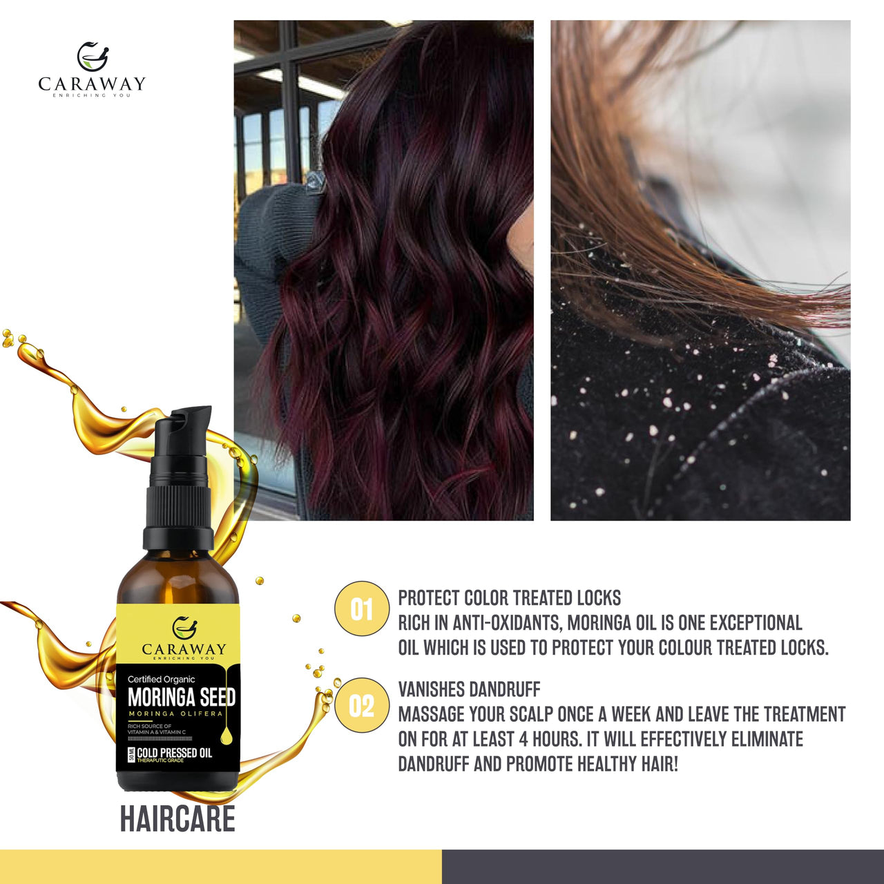 CARAWAY Certified Organic Moringa Seed Oil Cold pressed - 100% Pure Oil for Hair, Face and Skin - 50 ml