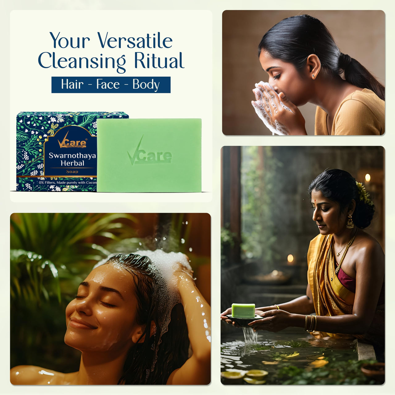 VCare Swarnothaya Herbal Soaps for Bath 100g | Handmade Soap Bar for Women and Men | Reduces Wrinkles and Exfoliates Dirt | Rejuvenates Skin Cells for a Soft and Glowing Skin | Pack of 1