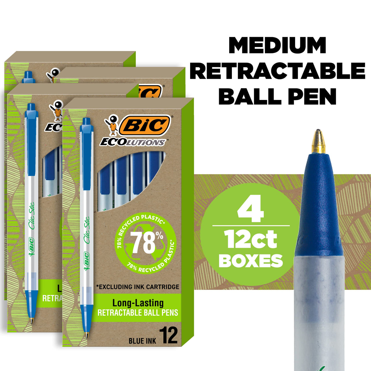 BIC Ecolutions Clic Stic Blue Ballpoint Pens, Medium Point (1.0mm), 48-Count Pack, Retractable Ball Point Pens Made from 78% Recycled Plastic