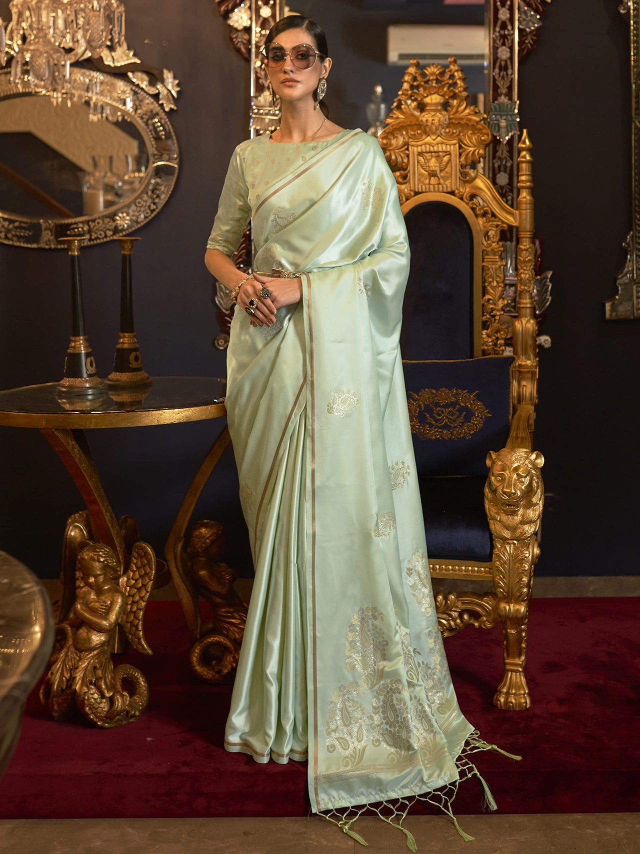 AKHILAM Women's  Banarasi Pure Silk Floral Golden Zari Work Woven Design Border Saree with Unstitched Blouse Piece(KSBLE2240_Parent)