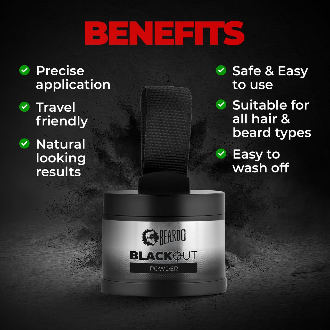 Beardo Blackout Hair Powder 4g - Black | Root Touch Up for Grey Hair | Instantly Covers Grey Roots, Beard Patches & Bald Spots | Thick Black Fiber Hairline Powder | Highly Pigmented, Long-Lasting & Matte Finish | Super-Fine Cover-up