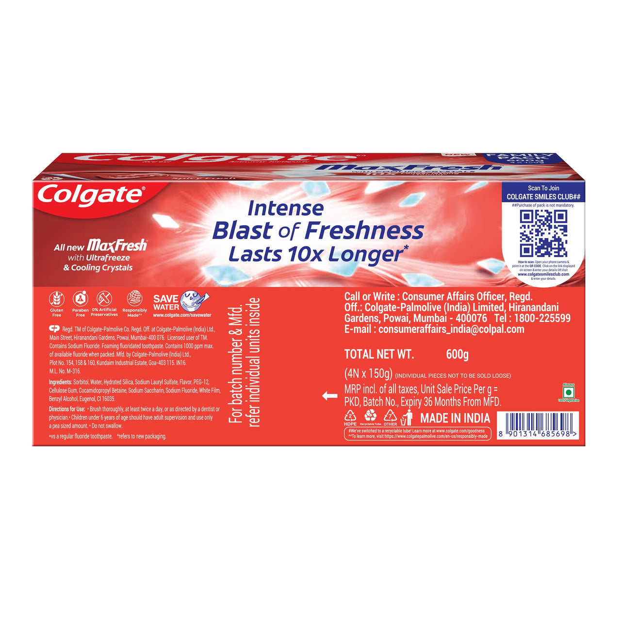 Colgate MaxFresh Toothpaste, Red Gel Tooth Paste with Menthol for Super Fresh Breath, 600g, 150g X 4 (Spicy Fresh) (Combo Pack Offer)