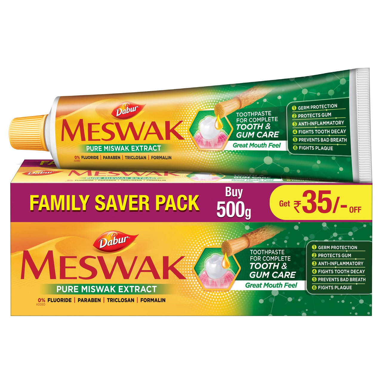 Dabur Meswak Complete Oral Care Toothpaste - 500g (2 x 200g + 1 x100g) | Complete Oral & Gum Care Toothpaste | Contains Pure & Rare Miswak extract | No added Fluoride, Paraben, Triclosan & Formalin