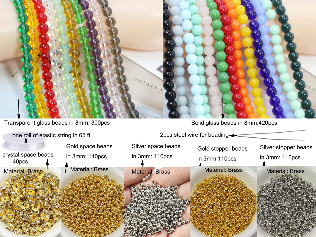 Pamir Tong 720PCS 8mm Glass Round Beads Bulk Crystal Beads Bracelet Beads Making Kit Healing Chakra Beads with 500pcs Space Loose Beads for Jewelry Making and DIY Crafts (8mm Solid&Clear) 8mm solid glass set