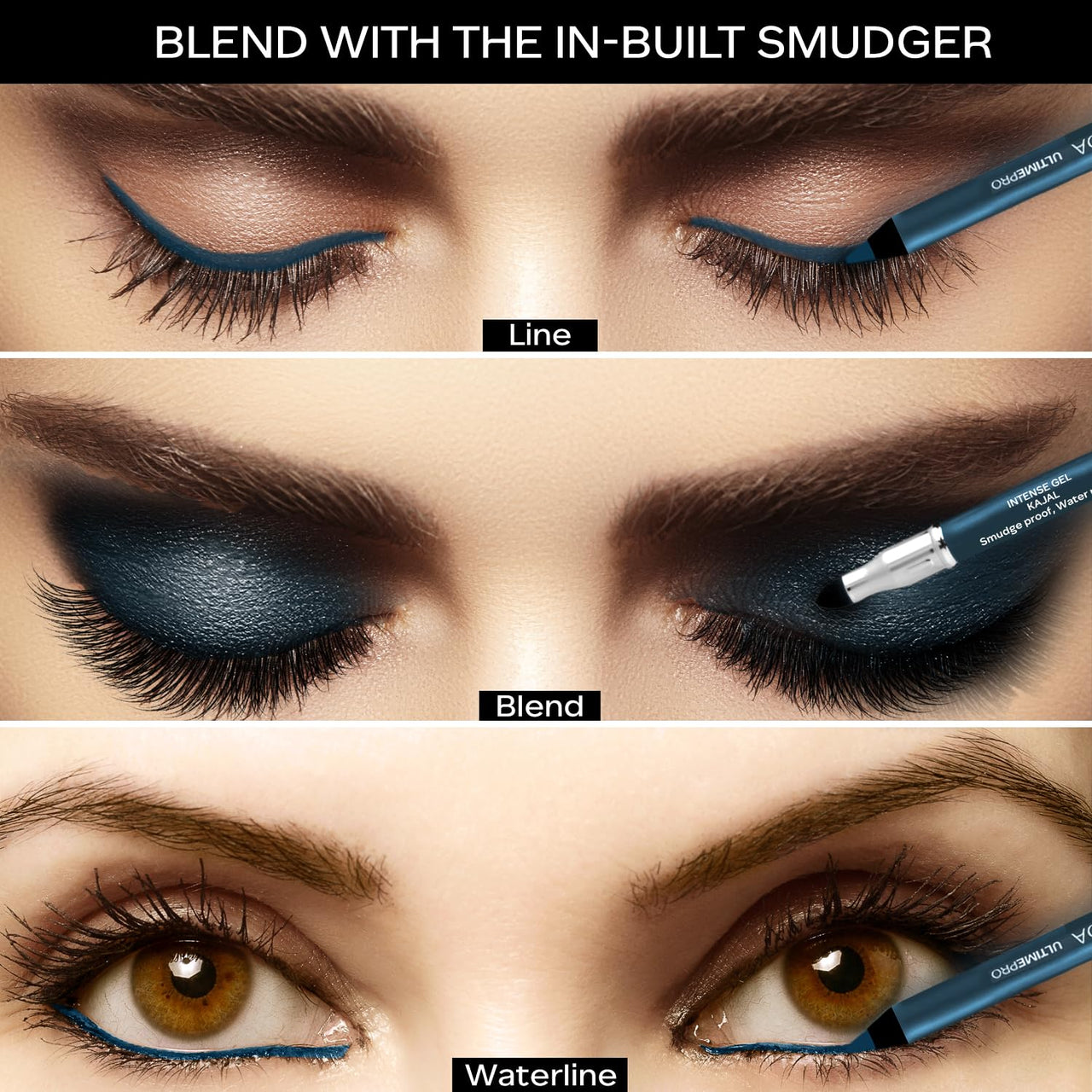 FACES CANADA Ultime Pro Intense Gel Kajal With Smudger & Sharpener - Blue, 1.2 g | 24 Hr Long Stay | Waterproof & Smudgeproof | One Swipe Smooth Application | 3-in-1 Kajal, Eyeliner, Smokey Eyeshadow