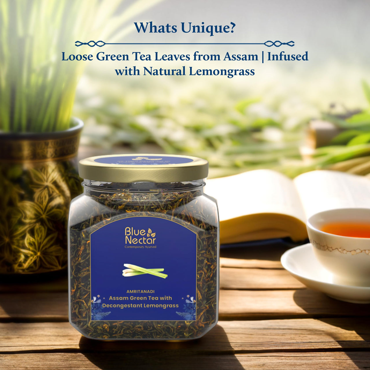 Blue Nectar Green Tea Leaves with Decongestant Lemongrass | Loose Green Leaves Sourced from Assam | Reusable Glass Jar (50 gm + 15 gm Free)