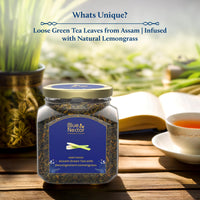 Blue Nectar Green Tea Leaves with Decongestant Lemongrass | Loose Green Leaves Sourced from Assam | Reusable Glass Jar (50 gm + 15 gm Free)