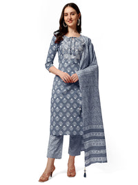 SOURBH Women's  Stylish Straight Fit Cotton Ethnic Block Motif Printed Kurta Set with Trouser Pant and Dupatta