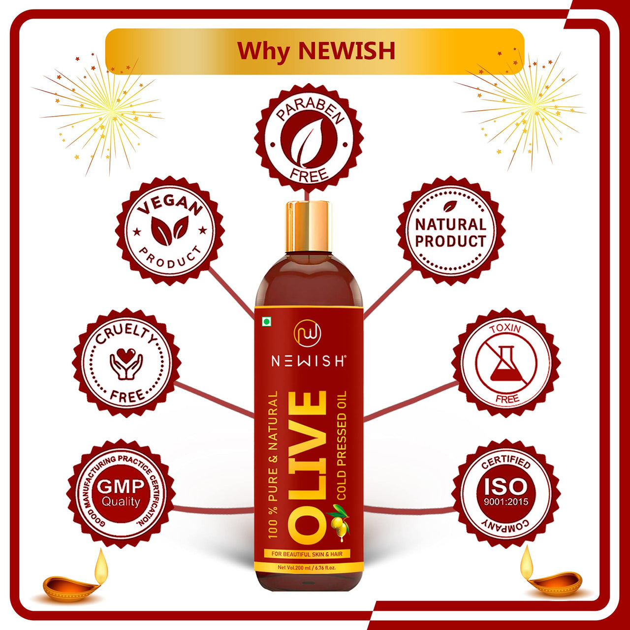 Newish Olive Oil for Hair, Skin & Body Massage | 200ml | Pure & Cold Pressed Olive Oil for Dry Scalp, Frizz Control & Glowing Skin | Non-Sticky Hair Oil for Men & Women