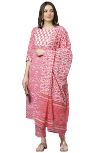 Janasya Women's  Pink Cotton Kurta with Pant and Dupatta