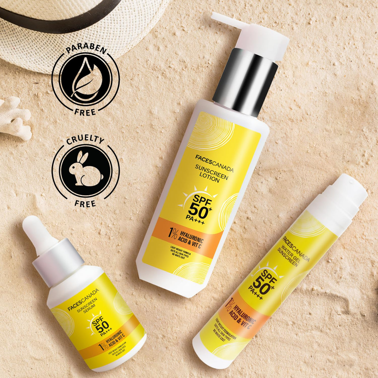 FACES CANADA Sunscreen Lotion, 100ml | SPF 50 PA+++ | Protects From UVA & UVB Rays | 1% Hyaluronic Acid & Vitamin C | Lightweight | No White Cast | Natural Radiant Glow| No Alcohol | No Parabens