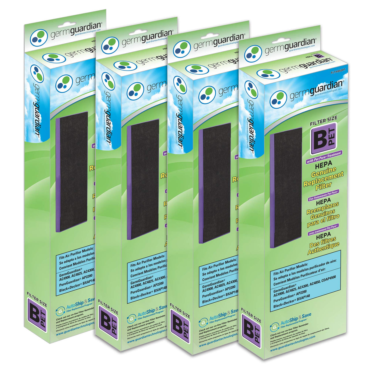 GermGuardian Filter B HEPA Pure Genuine Replacement Filter, Removes 99.97% of Pollutants for AC4825, AC4300, AC4900, AC4825DLX, AC4850, CDAP4500, AP2200, 4-Pack, Black/Yellow, FLT48254PK 4 pack