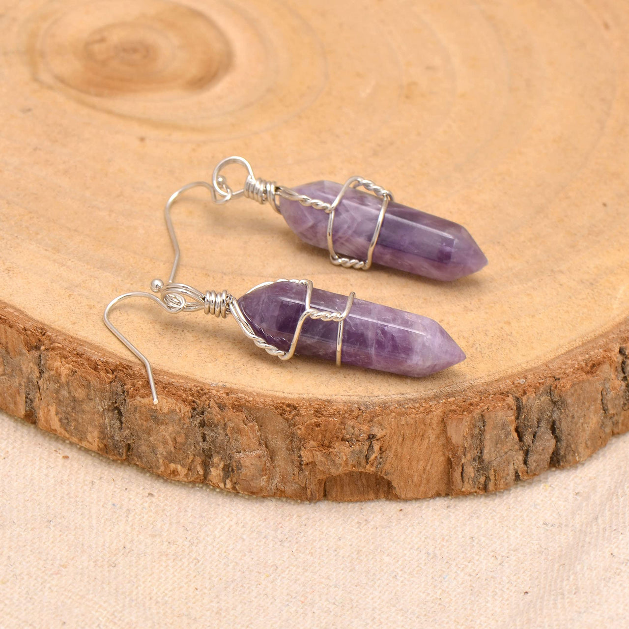 Natural Amethyst Quartz Wire Wrapped Point Crystal Earrings for Women Reiki Energy Healing Natural Amethyst