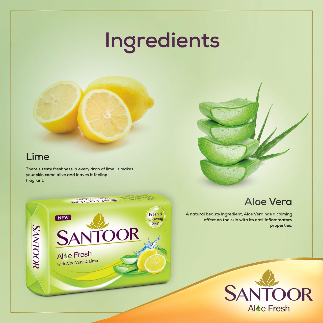 Santoor Aloe Fresh Soap with Aloe Vera and Lime, 125g (Buy 4 Get 1 Free) & Santoor Gold Soap 125g (Pack of 6)