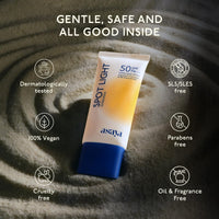 Asaya Spot Light Sunscreen SPF 50 PA++++ | UVA/B Blue Light Protect | Depigmentation Cream for Dark Spots & Acne Marks | MelaMe ComplexTM, Niacinamide & Licorice | Oil-free | Quick Drying & Lightweight | No White Cast & Invisible Finish | Water & Sweat Re