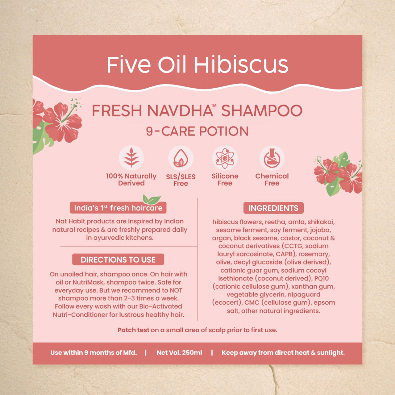 Nat Habit Sulfate-Free Natural Five Oils Hibiscus Hair Growth Shampoo, Navdha Shampoo for Women and Men (Pack of 1 X 250ml)