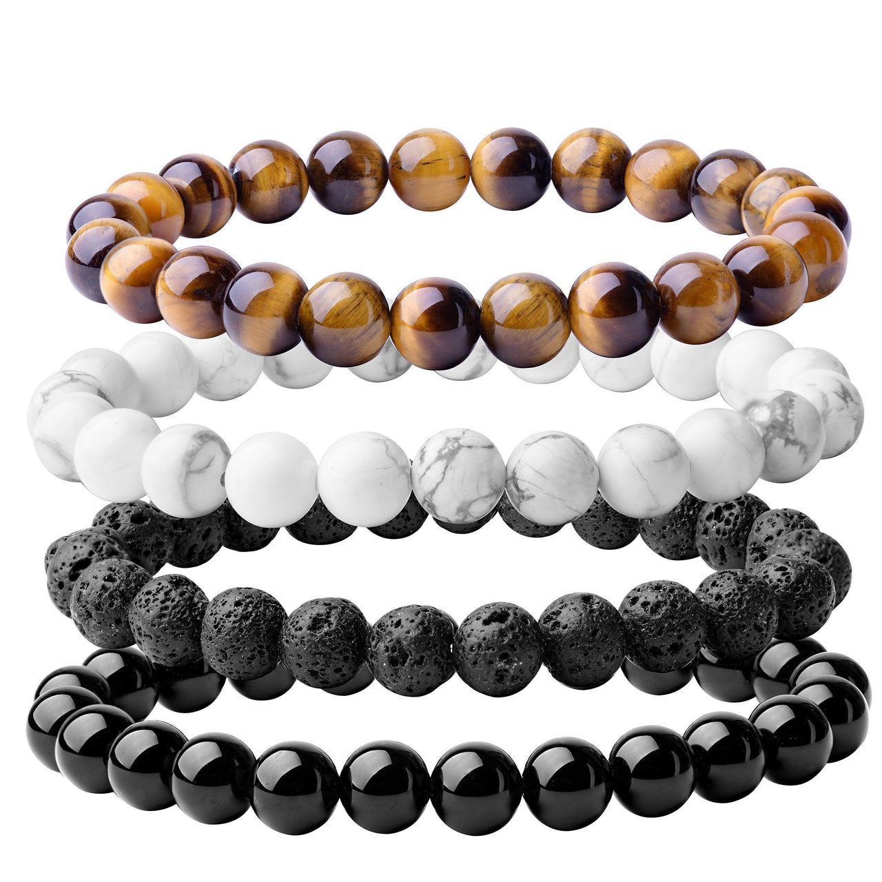 WRCXSTONE Natural 8mm Gorgeous Semi-Precious Gemstones Healing Crystal Stretch Beaded Bracelet Unisex Black, White, Brown
