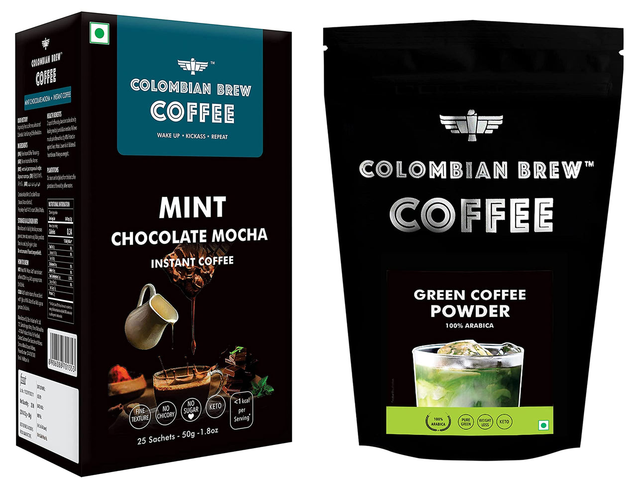 Colombian Brew Mint Chocolate Mocha Instant Coffee, No Sugar Vegan, 50g & Colombian Brew Coffee, 100% Arabica Green Coffee Powder 200g