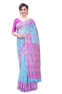 Enthone Women's  Pure Cotton Jamdani Saree With Unstitched Blouse Piece(Blue)
