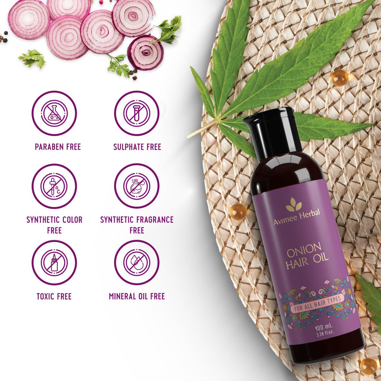 Avimee Herbal Keshpallav Onion Hair Oil | For Long & Strong Hair | With Red, Black, Yellow & Green Onion Seed Oil | Mineral Oil & Fragrance Free | 100 ml