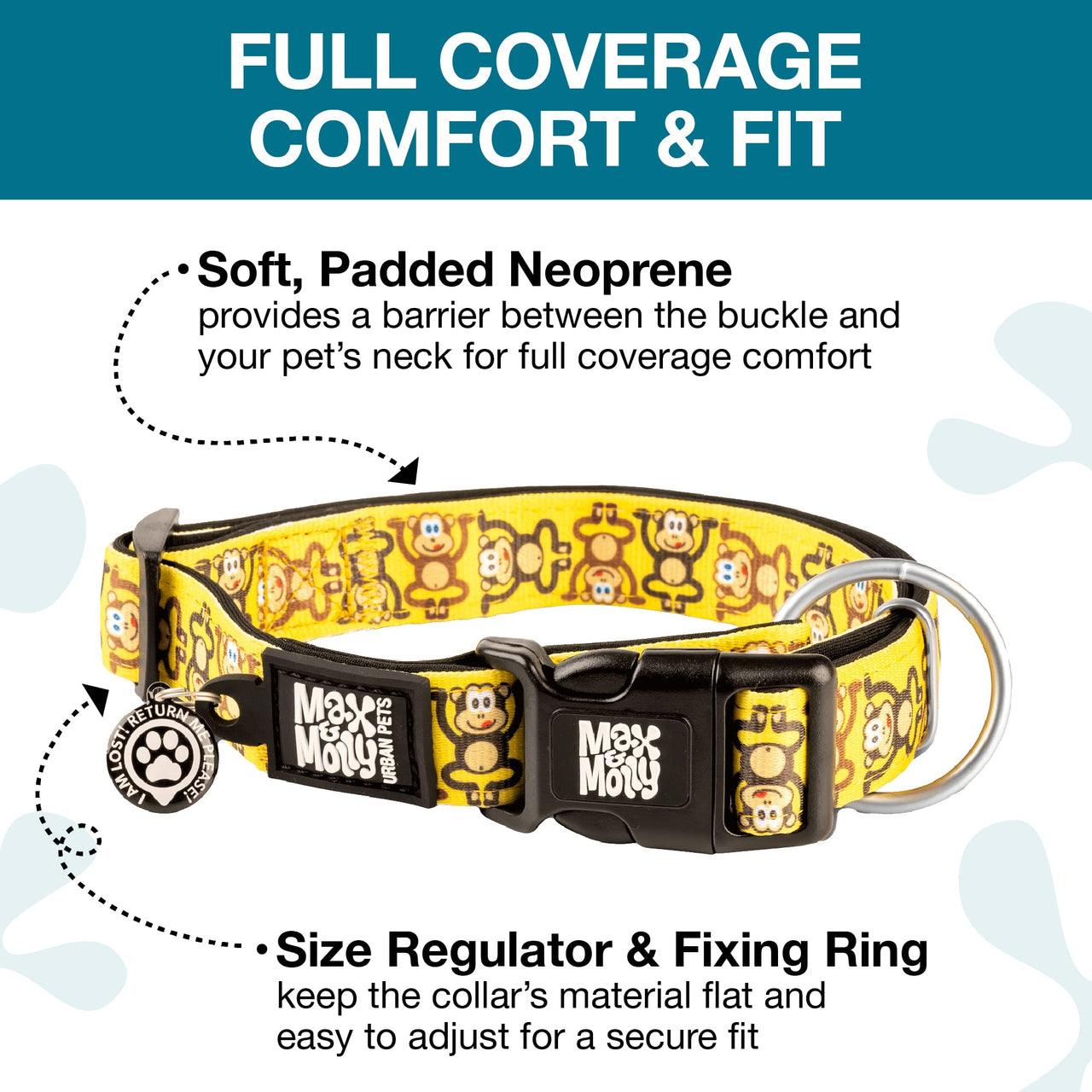 Max & Molly Soft Padded Neoprene Dog Collar w/Smart ID Gotcha! QR Pet Safety Tag, Durable, Waterproof, Anti-Stink, Machine Washable Collar for Dogs, Monkeys Pattern, L