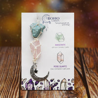 BOHO GARDEN Hanging Car Charm - Amazonite & Rose Quartz - Dangling Moon & Healing Crystal Accessories, Rearview Mirror Decorations - Self-Love, Honesty, Clarity, Connection, Self-Worth, Love, Energy Amazonite-rose Quartz