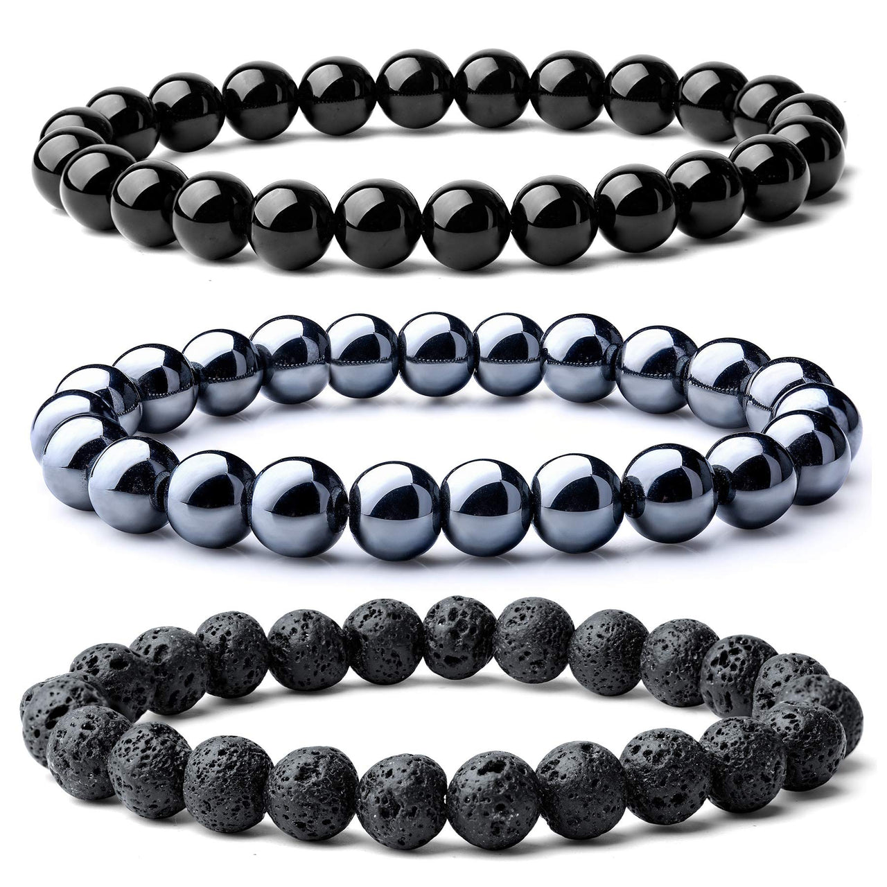 WRCXSTONE Natural 8mm Gorgeous Semi-Precious Gemstones Healing Crystal Stretch Beaded Bracelet Unisex 3 Pieces a Set