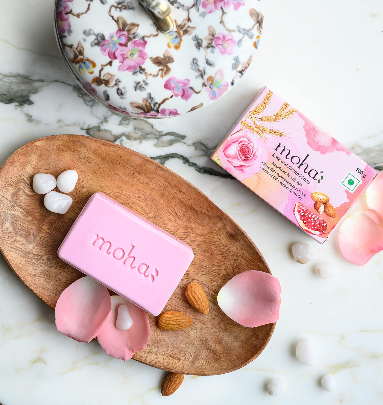 moha: Rose and Almond Bath Soap Unisex Bathing Bar with the benefits of Rose oil Pomegranate extract Almond oil wheat germ oil for soft, nourished and youthful skin - 100gm (Pack of 6)