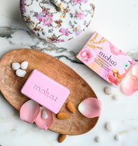 moha: Rose and Almond Bath Soap Unisex Bathing Bar with the benefits of Rose oil Pomegranate extract Almond oil wheat germ oil for soft, nourished and youthful skin - 100gm (Pack of 6)