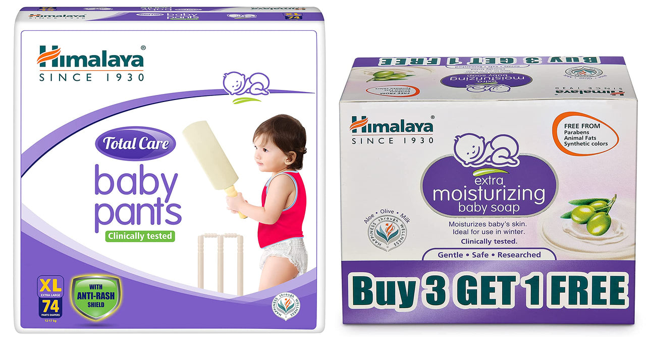 Himalaya Total Care Baby Pants Diapers, Extra Large, 74 Count & Himalaya Extra Moisturizing Baby Soap (75g, Buy 3 Get 1 Free)
