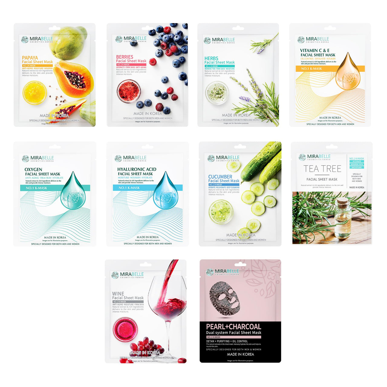 MIRABELLE COSMETICS KOREA Crystal Clear Skin facial sheet mask combo pack of 10